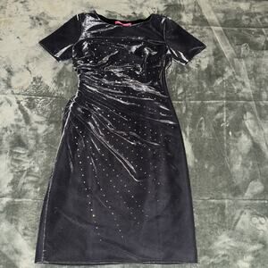 Catherine Malandrino Sheath Dress Womens 2 Metallic Gray Rhinestone Side Ruching